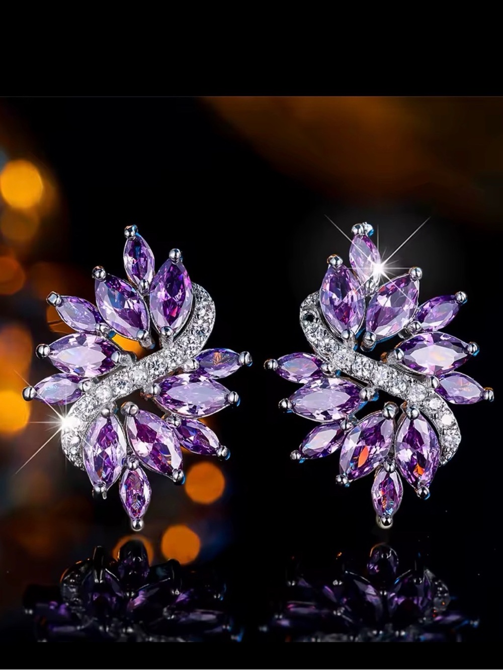 Purple Crystal Floral Stud Earrings - Women Jewelry